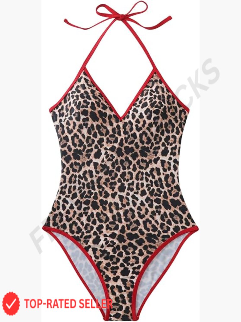 Sexy Leopard Print Halter One Piece Swimsuit High Cut Leg Sleeveless Summer